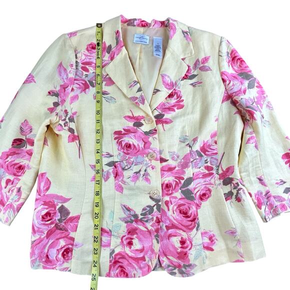 Emma James Blazer Women Size 14 Yellow Pink Floral Linen Rayon Bohemian Jacket - Picture 11 of 12